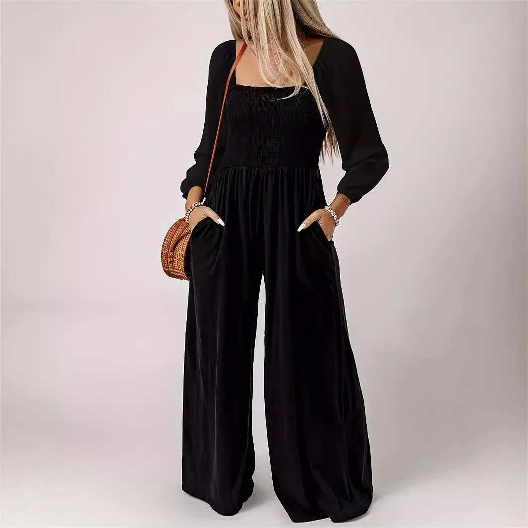 

Женский длинный комбинезон, широкие брюки, цельный костюм, легкие брюки из полиэстера, летняя мода со средней талией