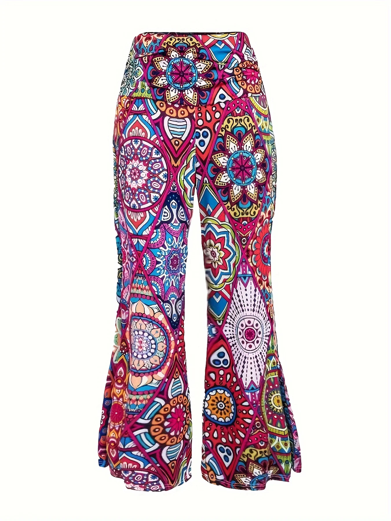 Plus Size Wide Leg Pants - Vibrant Colorblock Geometric Print, Ruched High Waist, Comfortable Casual Wear, Flattering Silhouette