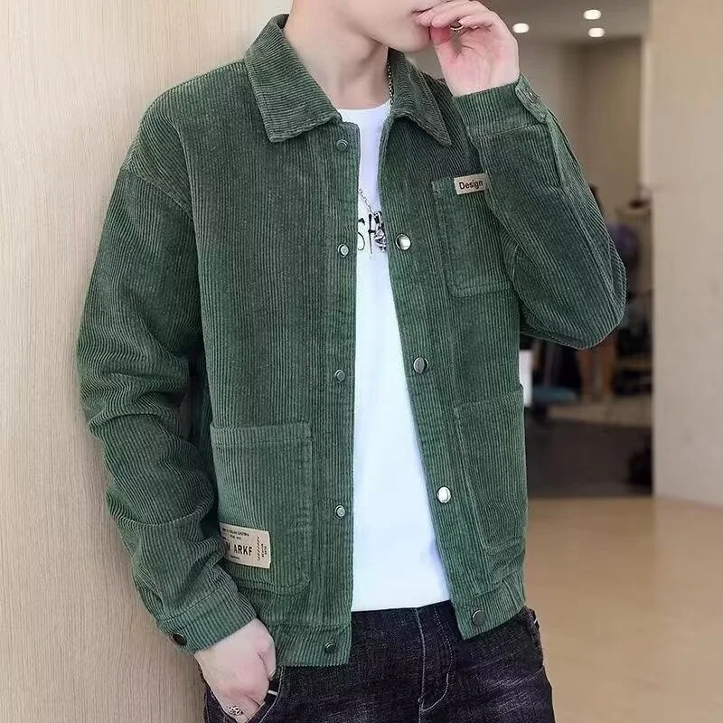 2025 Spring Appliques Long Sleeve Corduroy Shirts For Men Button Patchwork Turn-down Collar Cargo Shirt Korean Fashion Jackets