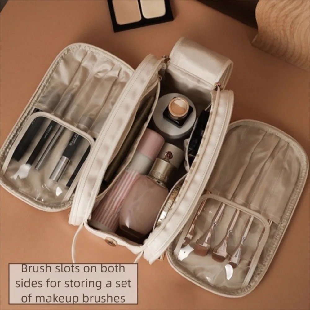 PU Leather Multifunctional Makeup Bag Large Capacity Waterproof Toiletries Storage Bag Multipocket Design Double Zipper