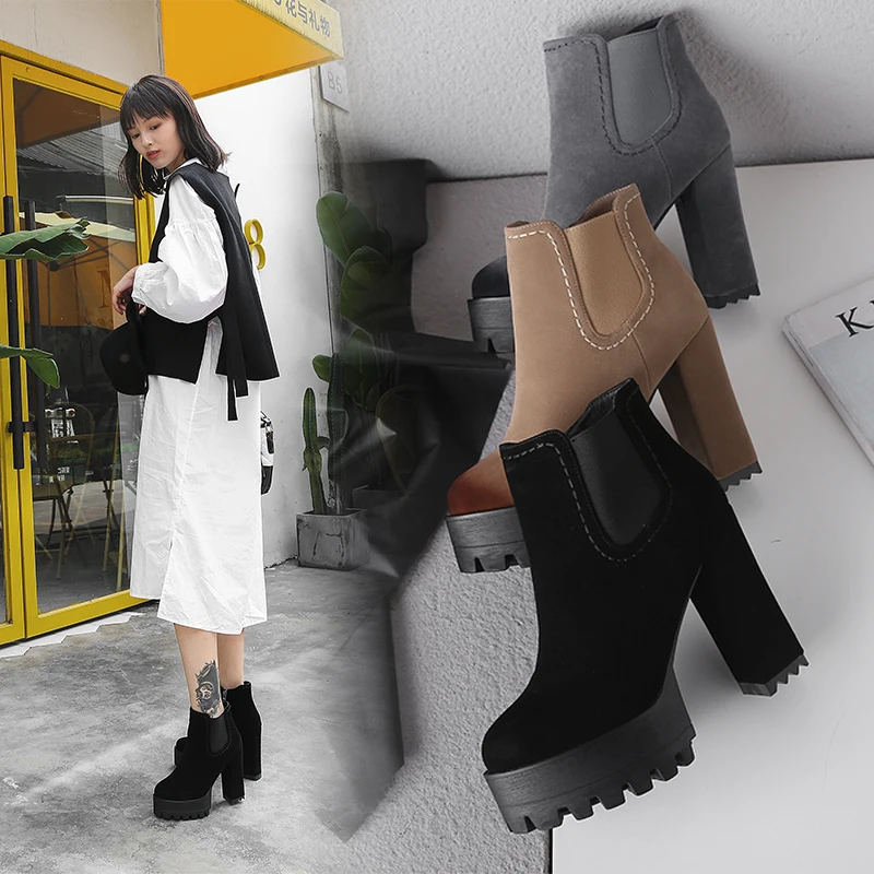 British Winter Women Platform Chelsea Boots PU Leather Round Toe Square Chunky High Heel Casual Lady Slip-on Zipper Ankle Boots