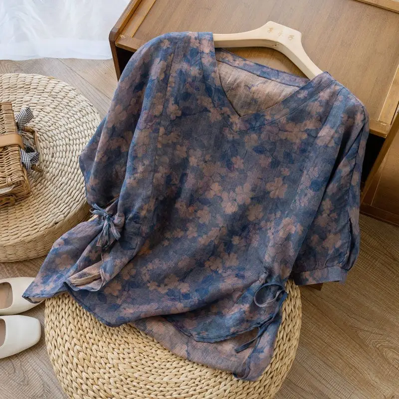 Summer New Short Sleeve Retro Style Top with Print and Dye Loose Comfortable Shirt