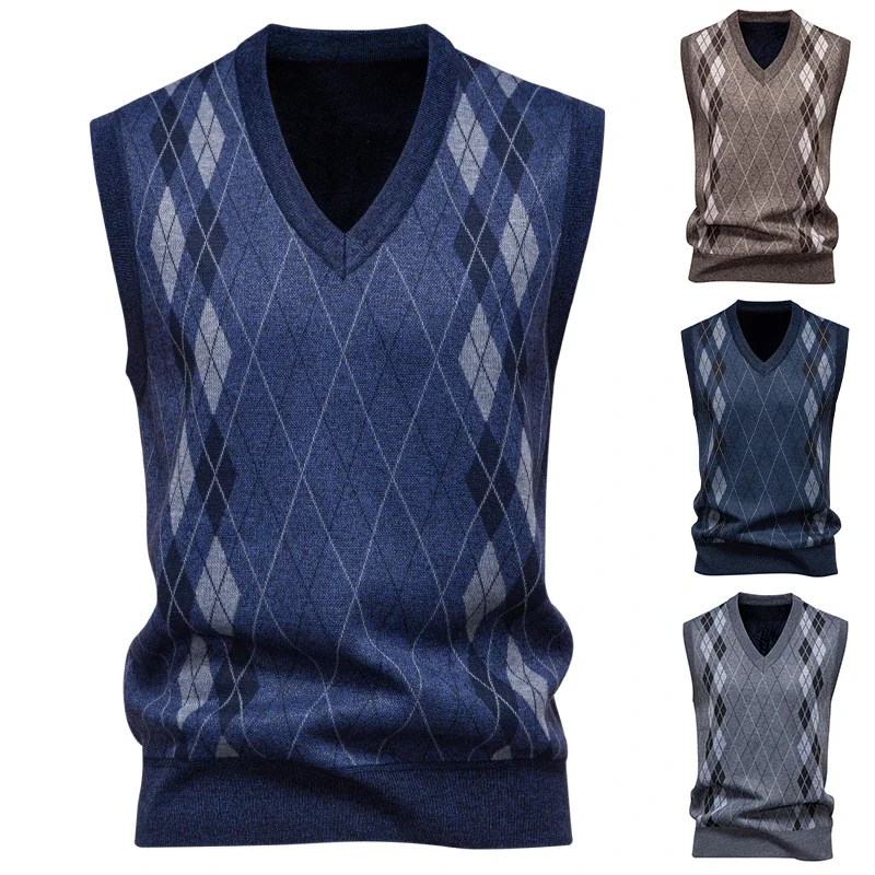 Men's V-neck Knitted Sweater Warm Autumn Winter Diamond Grid Twisted Flower Casual Fashion Versatile Knit Top