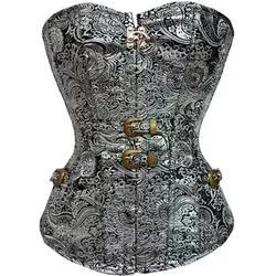 Silver Vintage Corset Bustiers Top Steampunk Lace-Up Flower Print Gothic Corselet Women Waist Trainer Overbust Corselet S-2XL