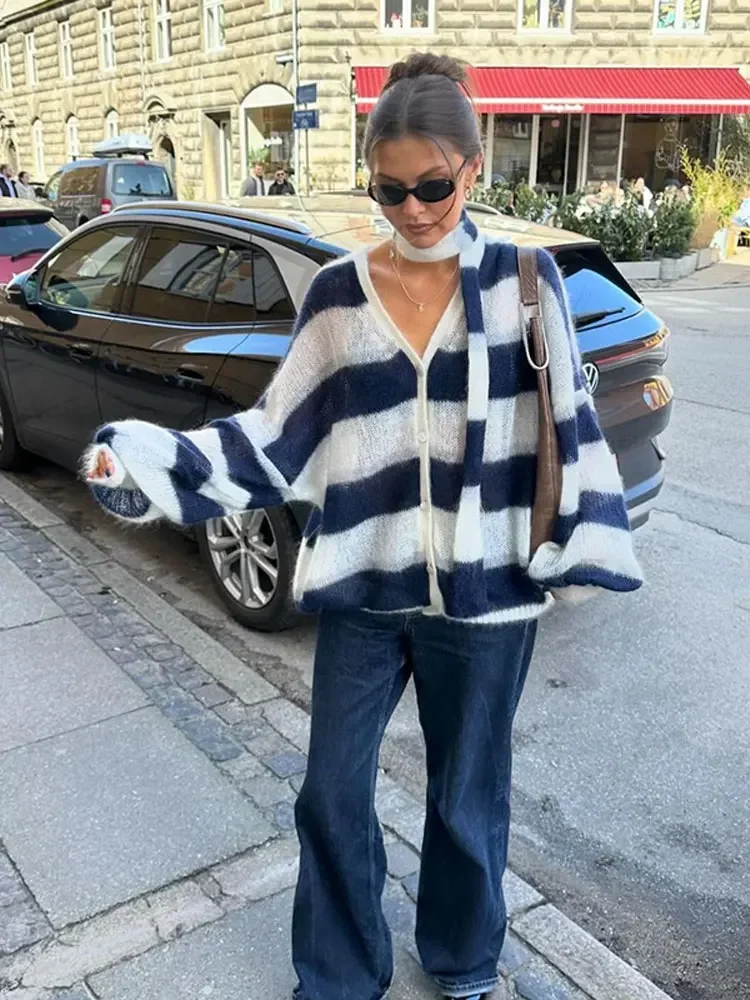 Women Contrast Striped Knitted Cardigan With Scarf Oversize Long Lantern Sleeves Sweater Tops 2024 High Street Lady Knitwear  ﻿