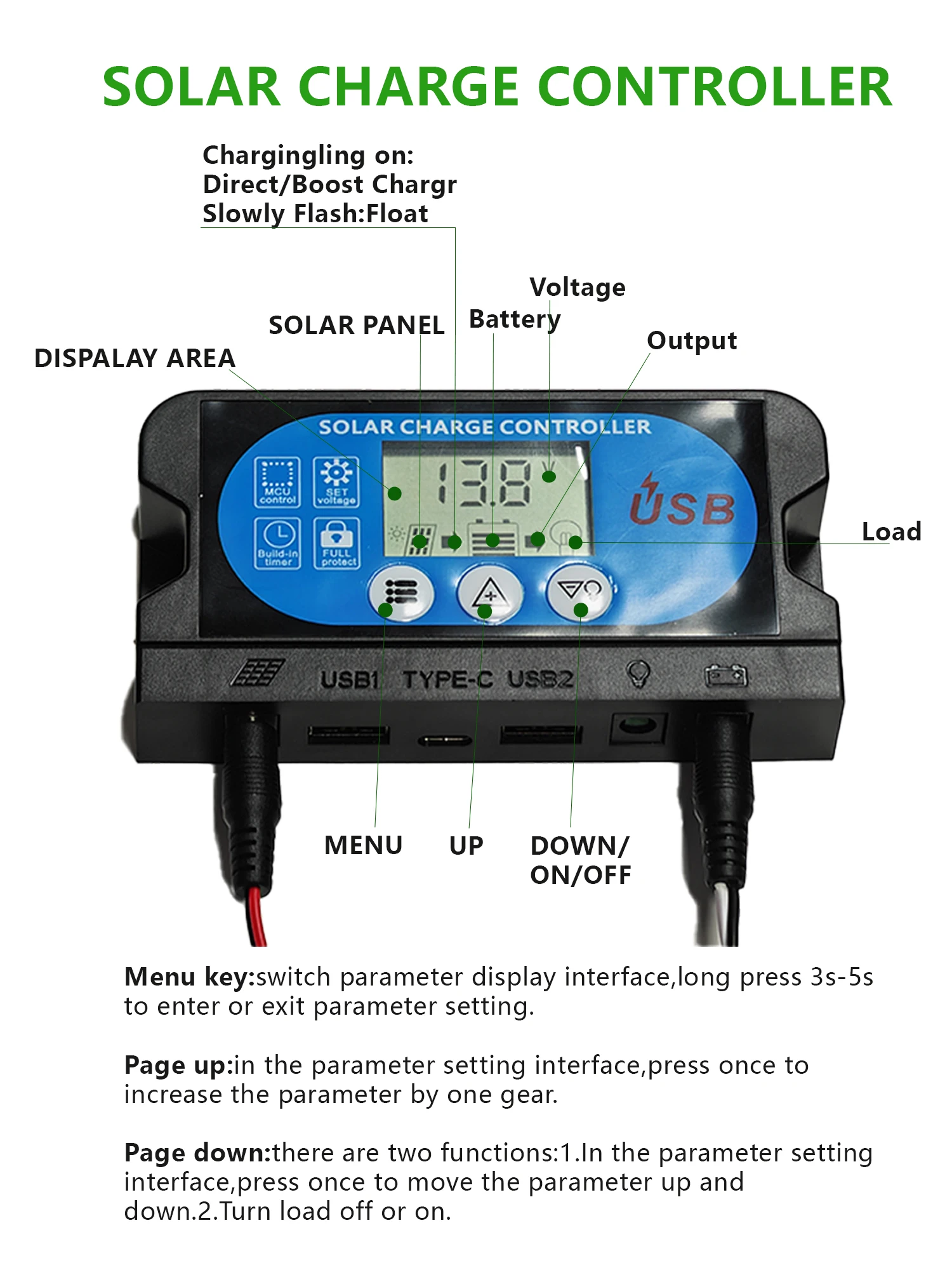 60A PWM Solar Charge Controller 12V/24V Auto Dual USB LCD Display Timer Adjustable Load Modes Smart Regulator
