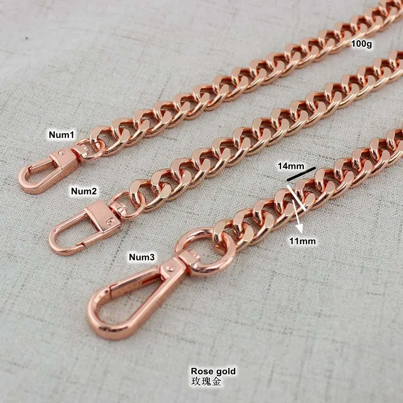 1 piece 11mm wide curb chain Anodized Light Weight Aluminum Rose Gold with swivel hooks for bags long strap chain NEW chains