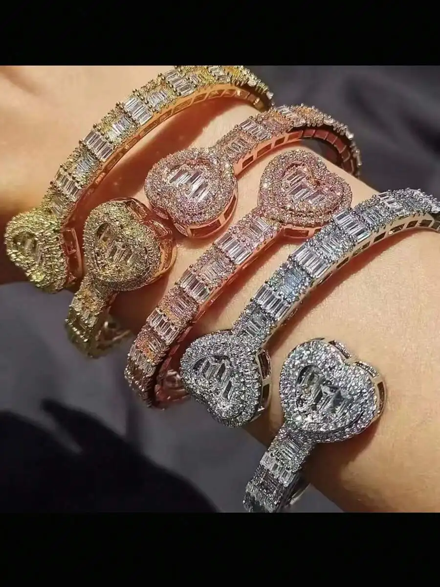 1pc Women's Gold Bracelet, Hip Hop Style Rhinestone Encrusted Luxury Heart & Rectangle Zirconia Bangle, Fashion Jewelry Gift For