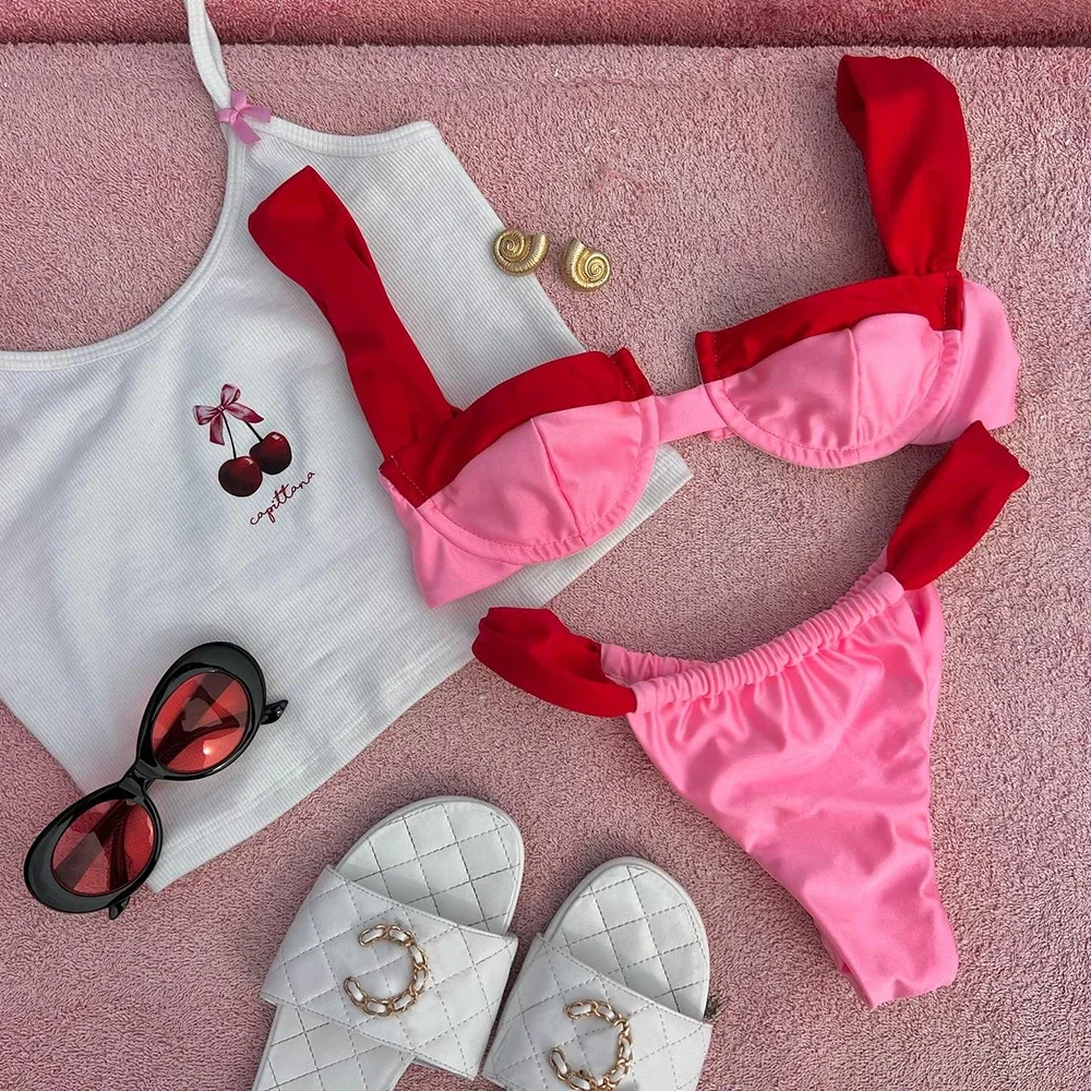 

Бикини с эффектом пуш-ап 2024, сексуальный женский купальник с высоким вырезом, бразильский комплект бикини, купальный костюм, пляжная одежда, лоскутное бикини, женский