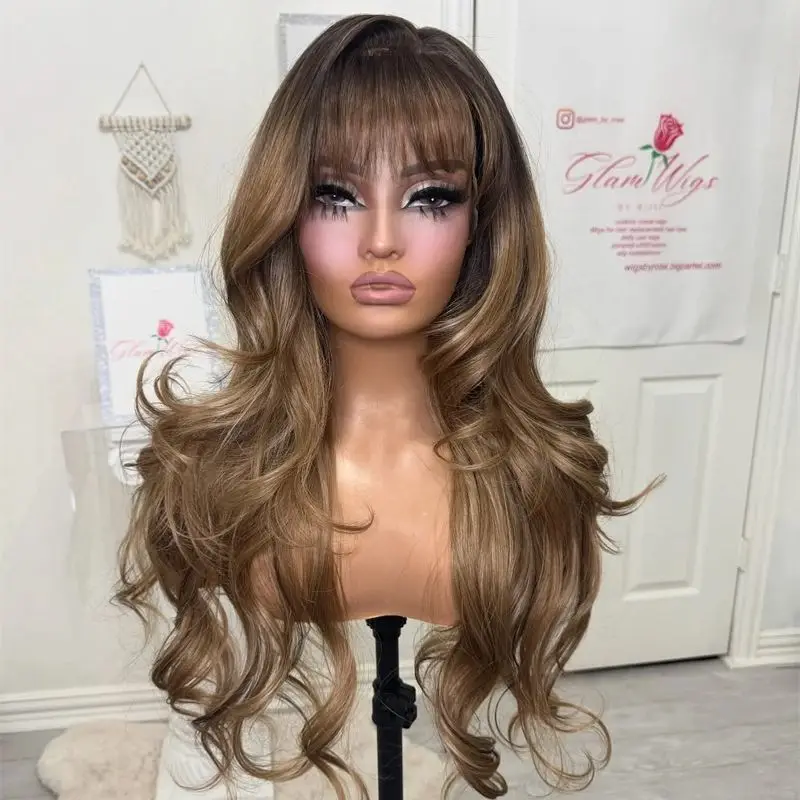 

Женский парик высокой плотности, коричневый блондин, парик с челкой, синтетические парики HD, отбеленные узлы, парики, большой маленький размер, кепка на каждый день