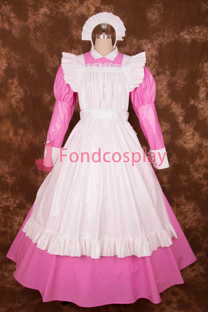 

fondcosplay adult sexy cross dressing sissy maid long Lockable Pink thin PVC Dress white apron Costume Uniform CD/TV[P003]