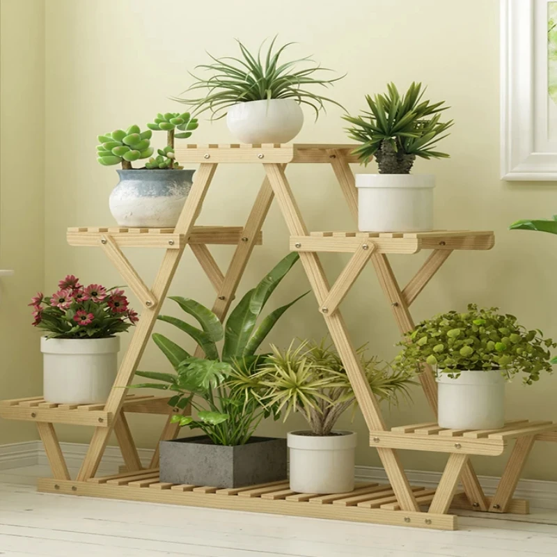 Triangular Plant Shelf 6-Potted Carbonized Wood Plant Holder Flower Pot Display Rack with Wheels for Garden Plant Shelf