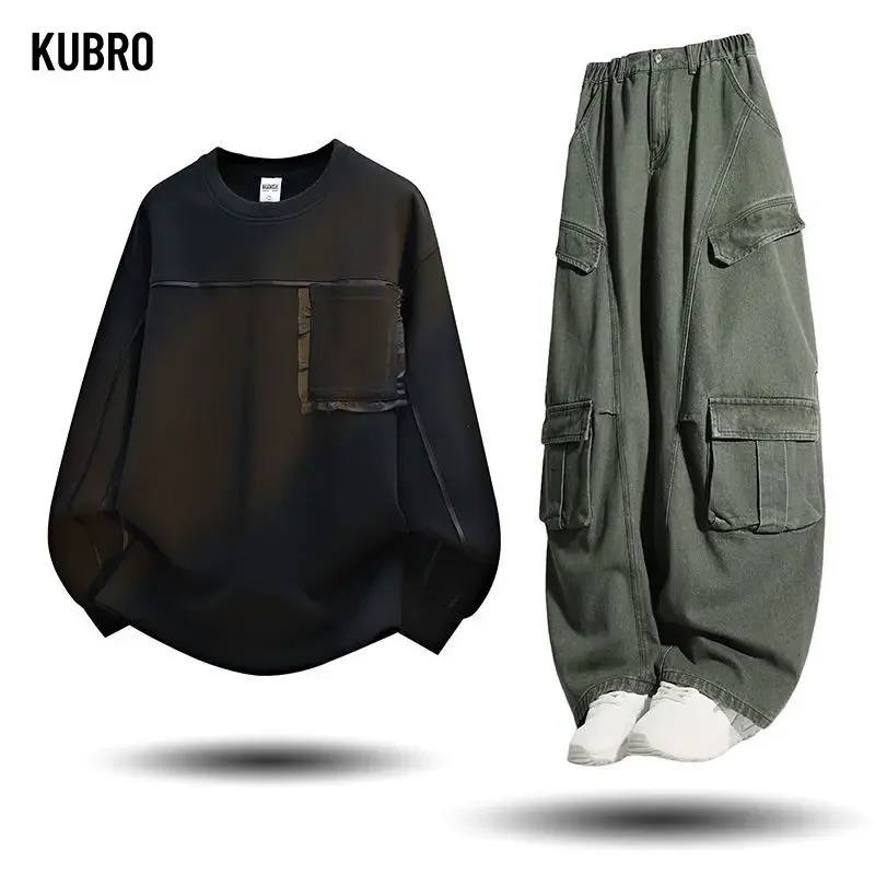 

Осень-зима, новые однотонные свободные пуловеры в европейском и американском стиле, толстовки и брюки-карго, мужские повседневные спортивные комплекты, универсальные