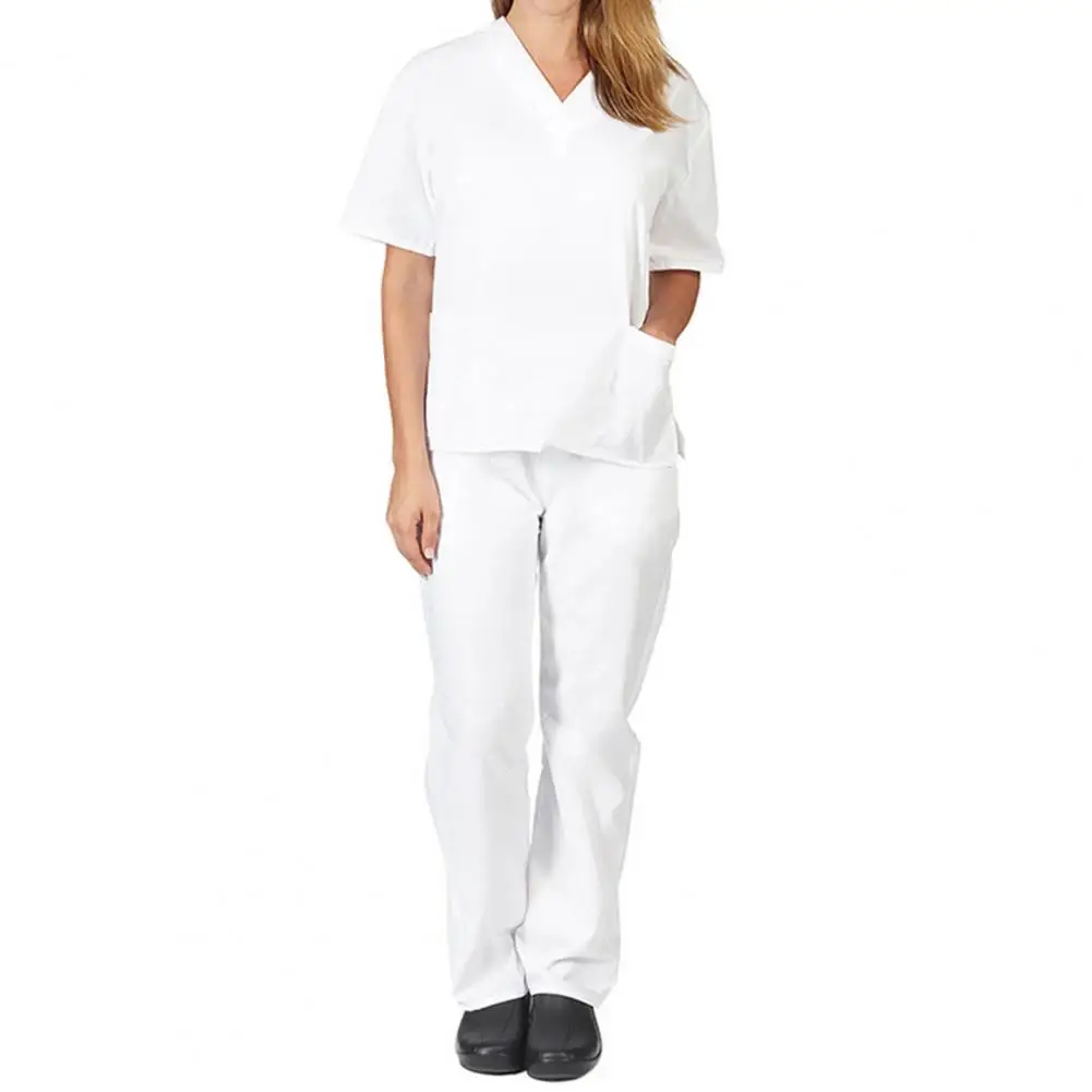 Nurse Outfit Professional V-neck Nurse Uniform Set for Salon Spa Pet Grooming Solid Color Short Sleeve Tops Pants for Work