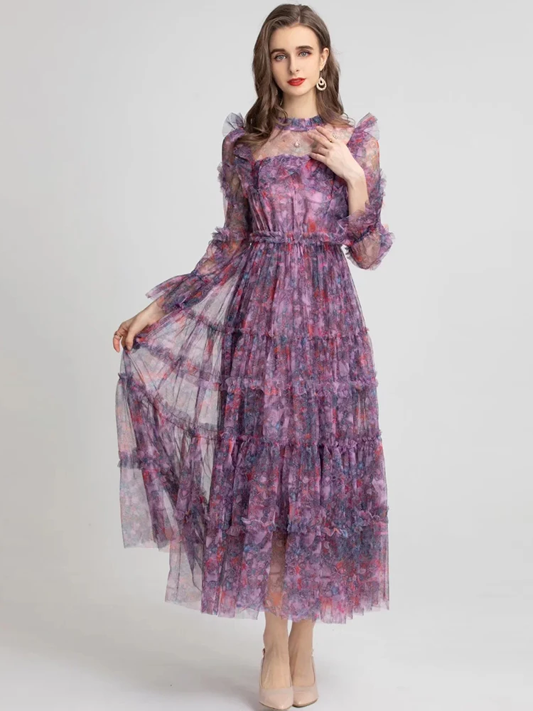 DLDENGHAN Women Mesh Dress Stand Collar Flare Sleeve Ruffles Flowers Print Vintage Party High Waist Long Dresses Summer New