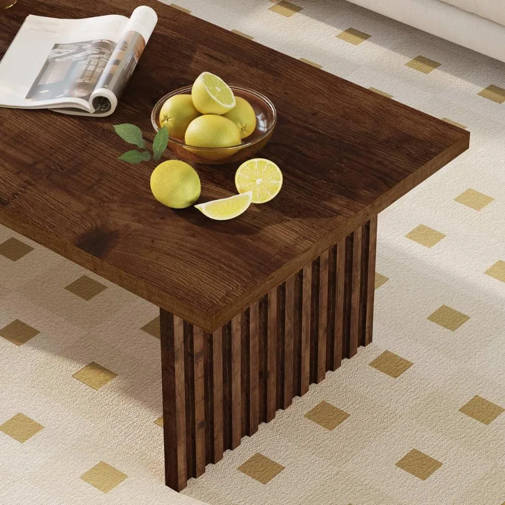Mesa de centro retangular estilo fazenda, peça central moderna para sala de estar de meados do século, mesa de madeira canelada exclusiva