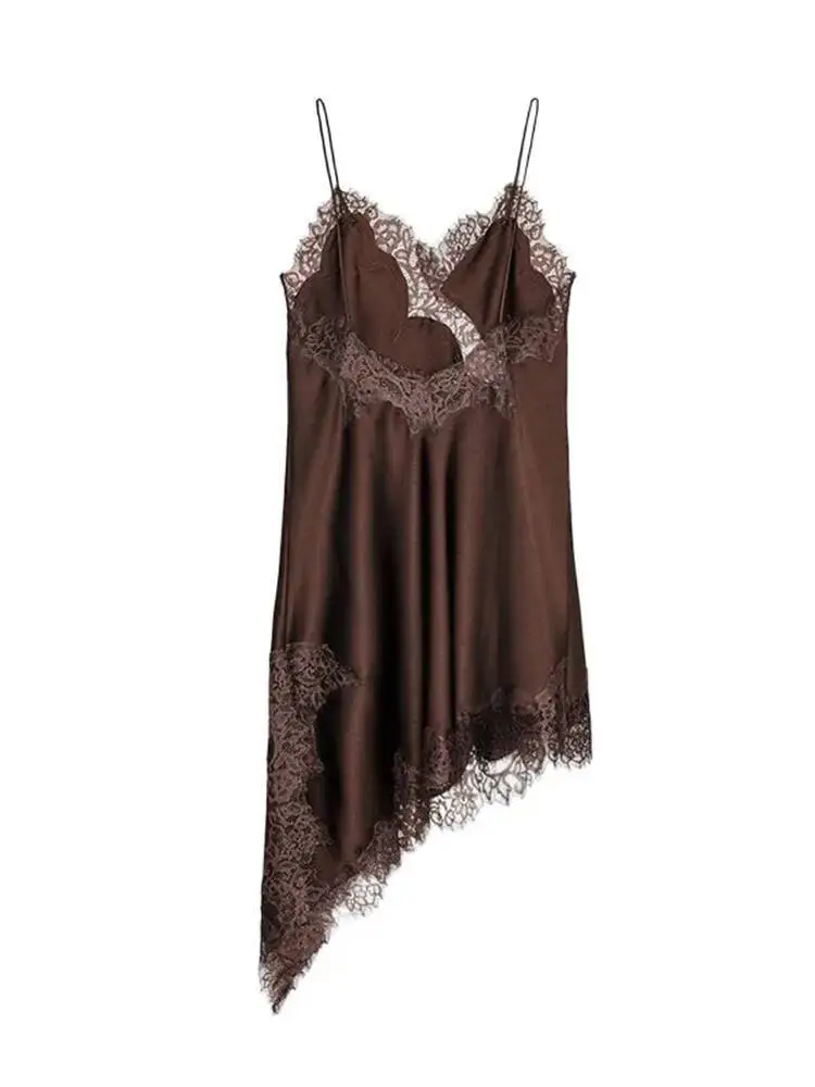 ブラウンサテンセクシーなレーススプライシングショートスリングドレス女性 V ネックノースリーブバックレス非対称パーティードレス夏の女性のローブ DYV8