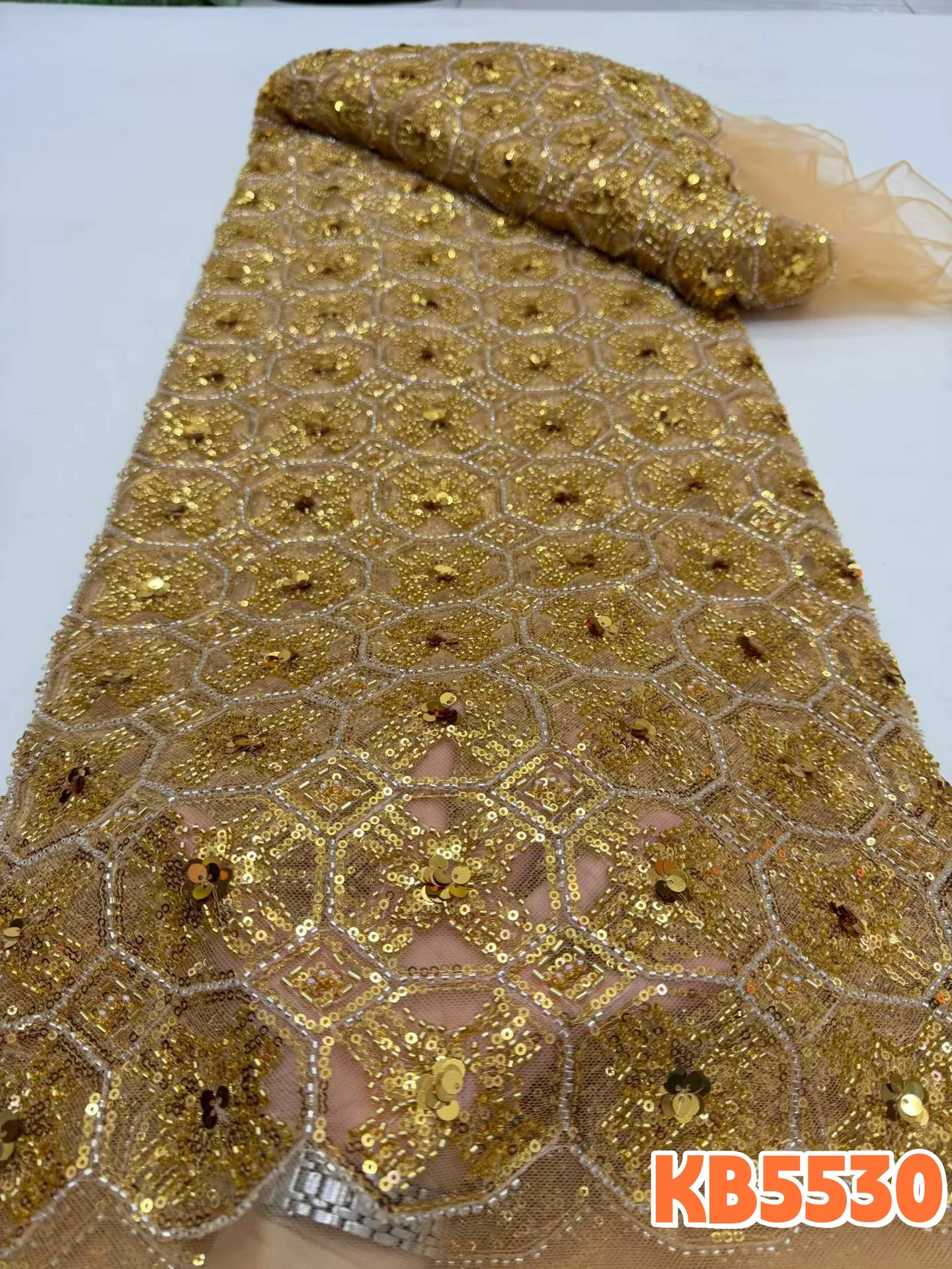 

DREAMYLSI Golden African Sequins Beaded Lace Fabric High Quality Groom Embroidery Beaded Lace Fabric Nigerian For Sewing KB5530