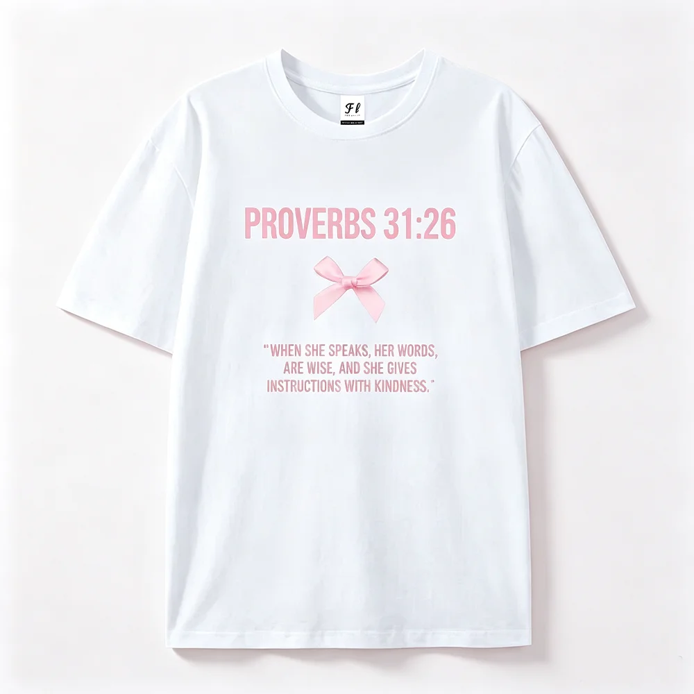 Proverbs 31:26 Bible Verse T Shirt Women Pink Bow Letter Print Short Sleeve Tees Casual Christian Faith Inspirational T-shirt