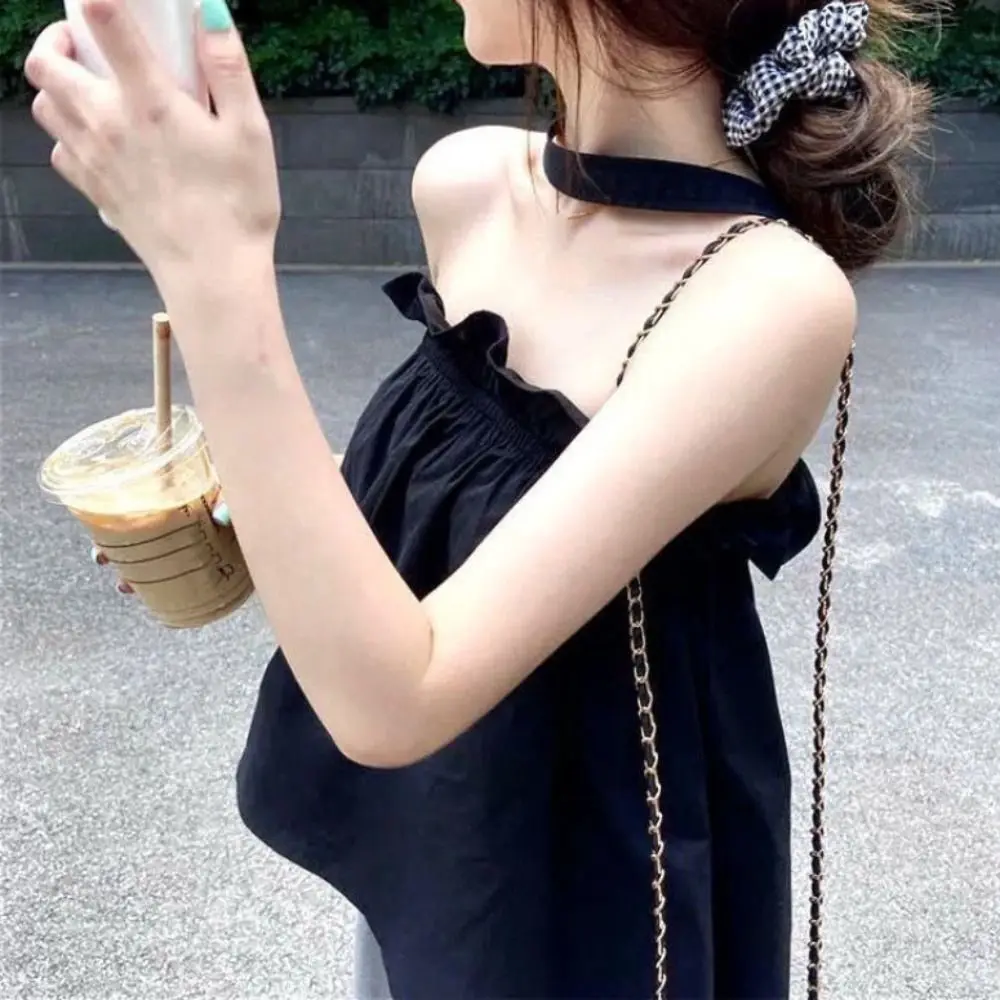 

Корейский стиль, плиссированные топы без рукавов с лямкой на шее и рюшами, тонкие укороченные топы для пикантных девушек, милый летний жилет на подтяжках для женщин и девочек