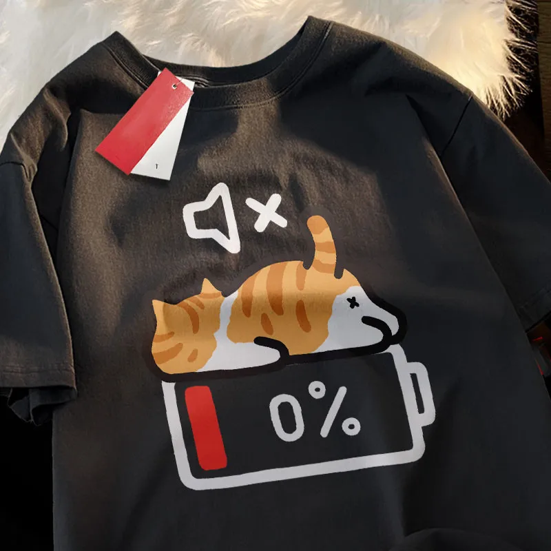 Funny Low Battery Orange Cat Graphic T Shirt Men Women Funny Sleepy Kitten Print Short Sleeve Tee Casual Unisex Streetwear Tops