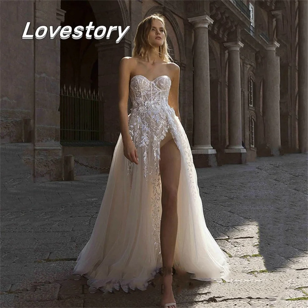 

Charming Light Bohemian Sweetheart Wedding Dresses High Front Slit Appliques Lace Bridal Gowns Boho Backless Vestidos De Novia