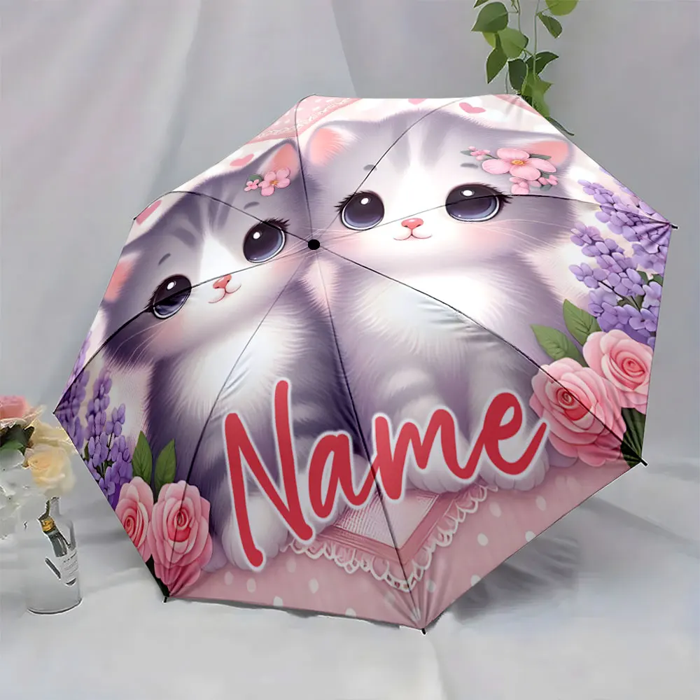 Custom Name Adorable Cat Design Umbrella for Daily Use Print 8 Iron Ribs Folding Umbrella Auto-Open Fashion Sunshade