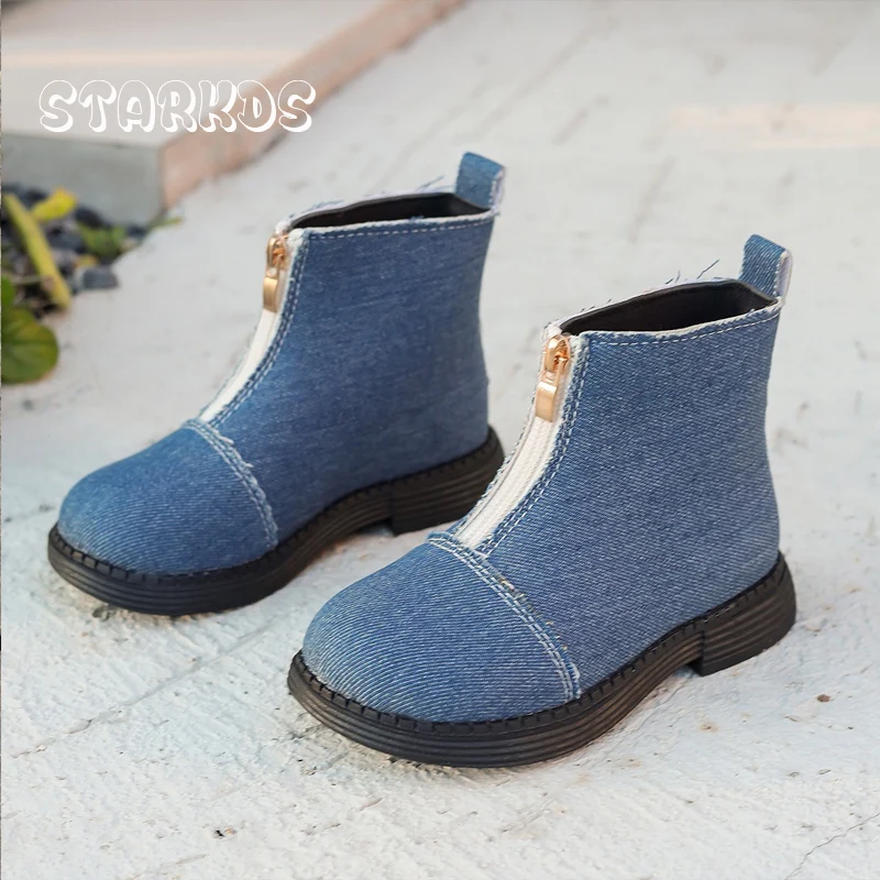 Diamond Checker Print Ankle Boots For Kids Girls 2024 Autumn New Front Zipper Short Booties Children Flat Leopard Denim Botas