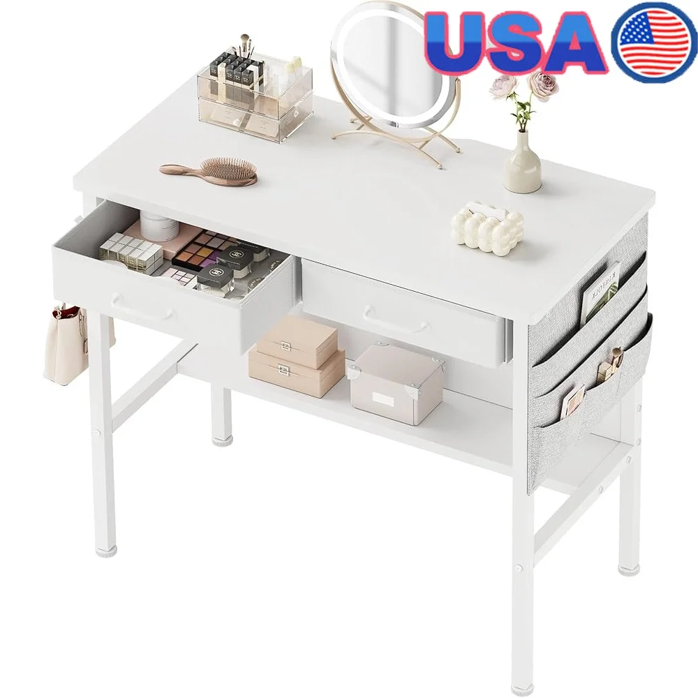 

Compact Vanity Desk with Drawers Bookshelf Computer Table Small Writing Table Bedroom Storage Organizer Adjustable Feet