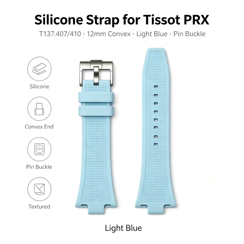 Premium Silicone Strap for Tissot PRX T137.407 410 12mm Convex End Light Blue Pin Buckle Textured Men's Replacement Watch Band
