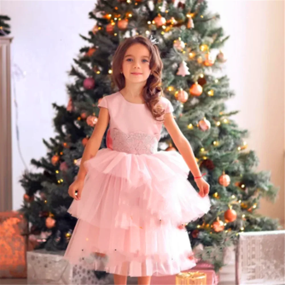 

Lovely Short-sleeved Tulle Lace Layered Flower Girl Dress Ball Party First Communion Dresses Dream surprise birthday present