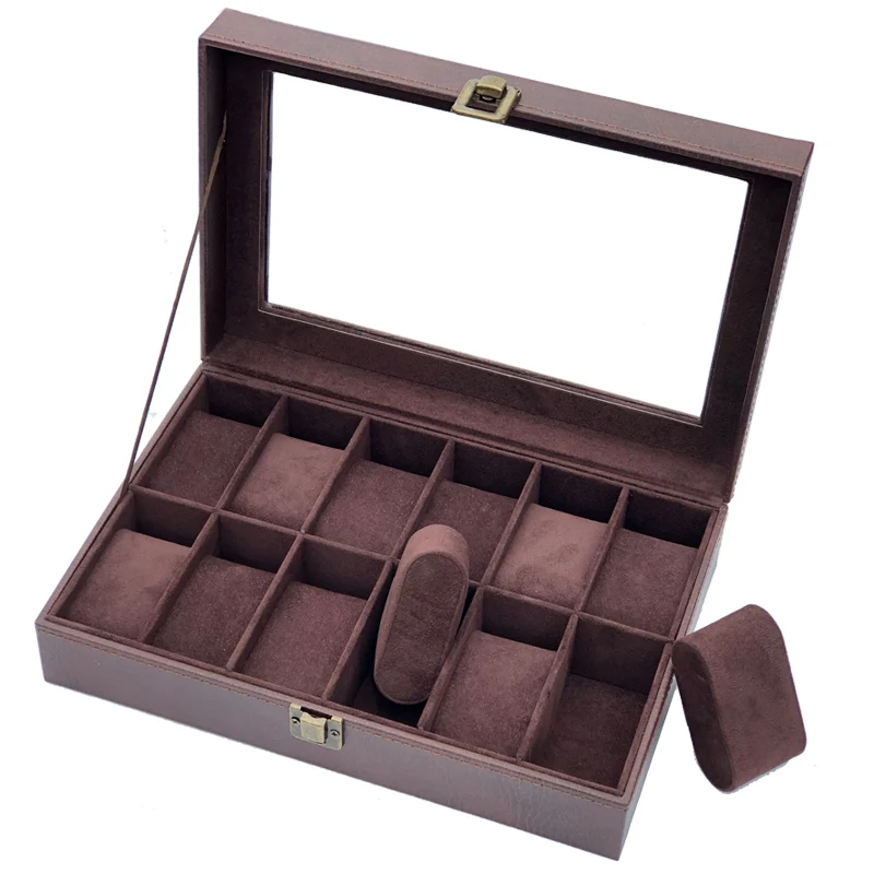 Caja de reloj de cuero negro para hombre y mujer, estuche de almacenamiento para exhibición de relojes, caja de joyería, soporte organizador para