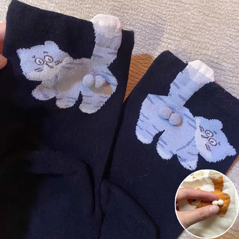 

3/1Pairs Cute Cat Egg Socks Funny Mid Calf Warm Socks for Women 3D Cat Design Winter Cozy Wear Christmas Gift Accessory