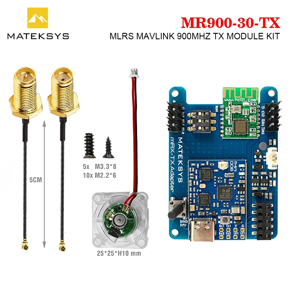 

MATEKSYS MLRS MAVLINK 900 МГц TX МОДУЛЬ, MR900-30-TX 900 МГц LoRa, 30 дБм RF мощность 5-13 В для дальнего радиоуправляемого дрона FPV