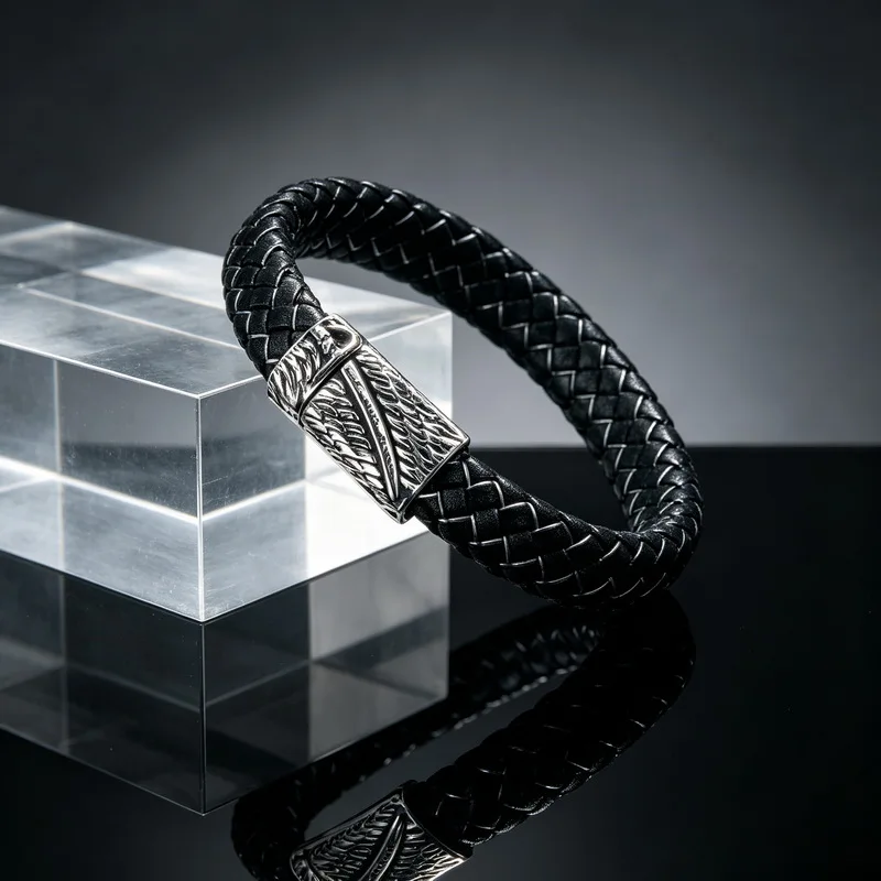 Punk Men Sword Charm Genuine Leather Bracelet Stainless Steel Magnetic Buckle Bracelet Gifts Homme Pulseras