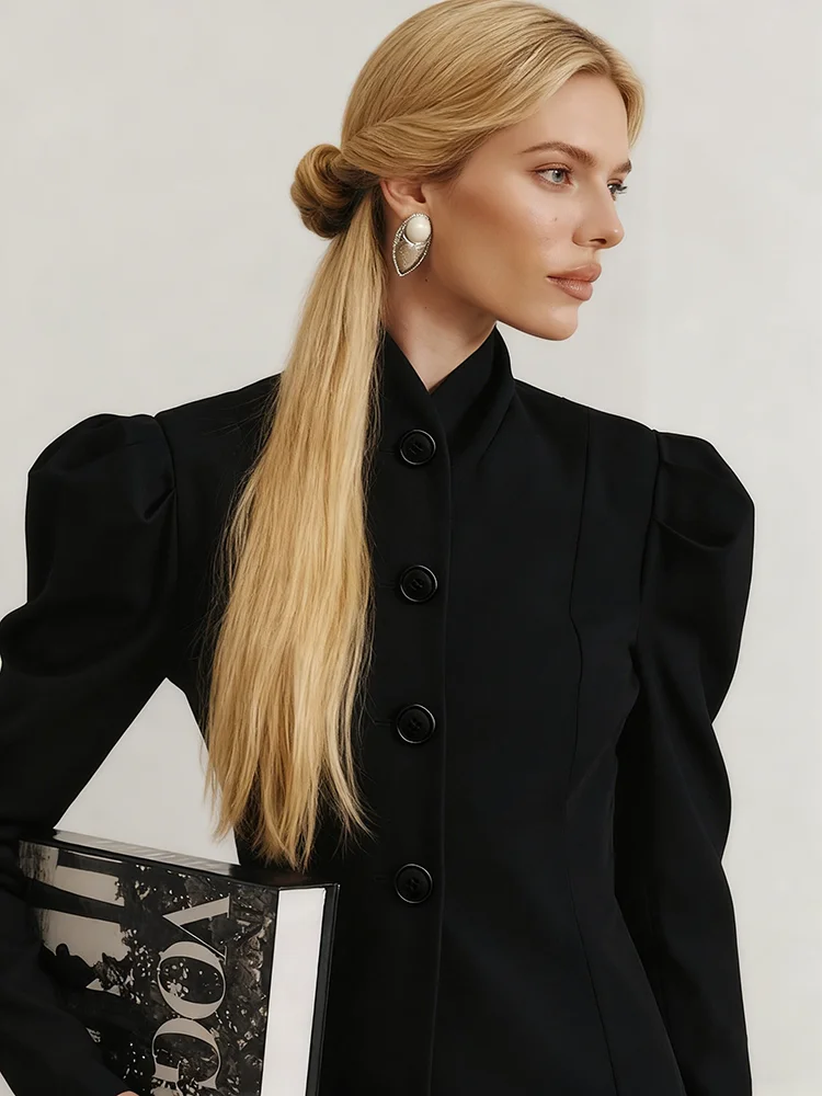 الفرنسية أنيقة الرجعية الوقوف طوق سترة سوداء 2026 الخريف/الشتاء أنيقة نفخة الأكمام مكتب معطف للنساء السترة #2