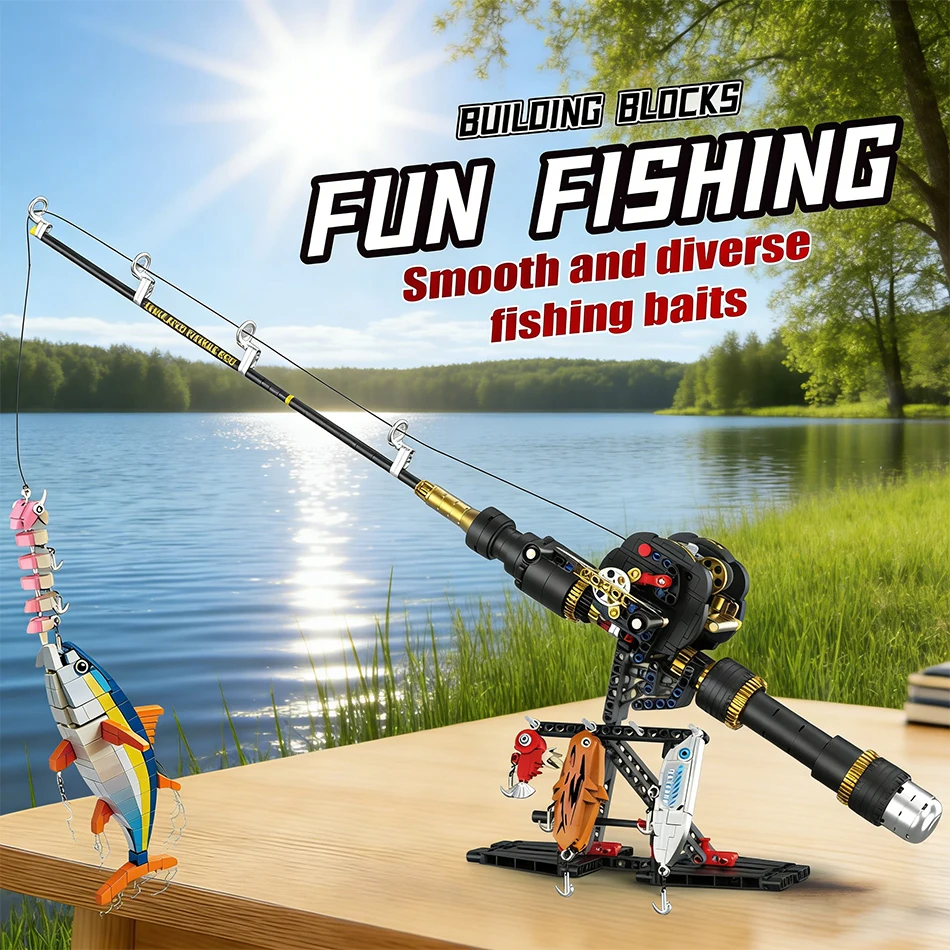 MOC Trolling Drum Bowfishing Reel Set Building Blocks Sea Fishing Rod Gear Hooks Lure Bait Tackle Bricks Toys Kids Fishers Gifts
