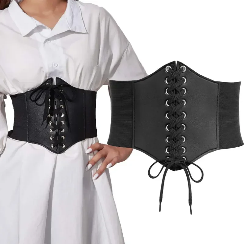 Women\'s Corset Belt Gothic Fashion PU Leather Slimming Waist Vintage Corset Black Wide Belt for Girl Female Lace-up Corset Belts