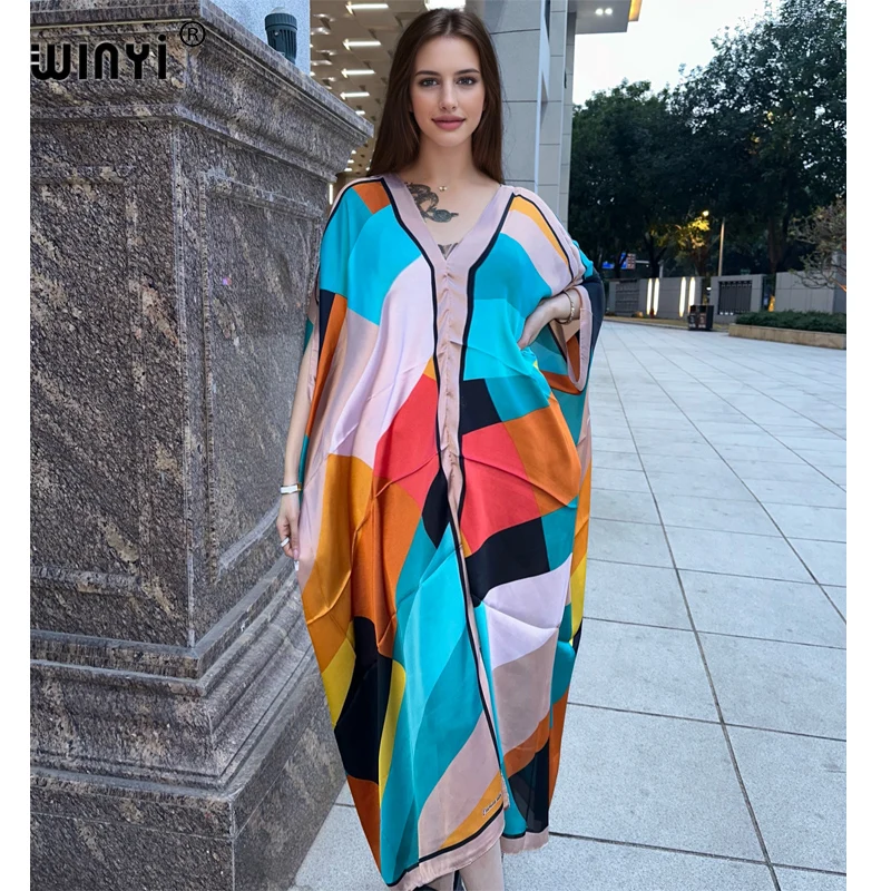 WINYI Summer african V-neck dress Printed beach wear women 2024 Loose Femme Robe Muslim beach cover ups silk feel evening dress