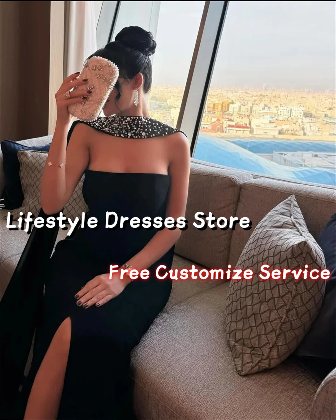 Customized Black Prom Dress Strapless Beaded Diamond Shawl Party Evening Gown Ankle Length Formal Occasion Dresses 2024