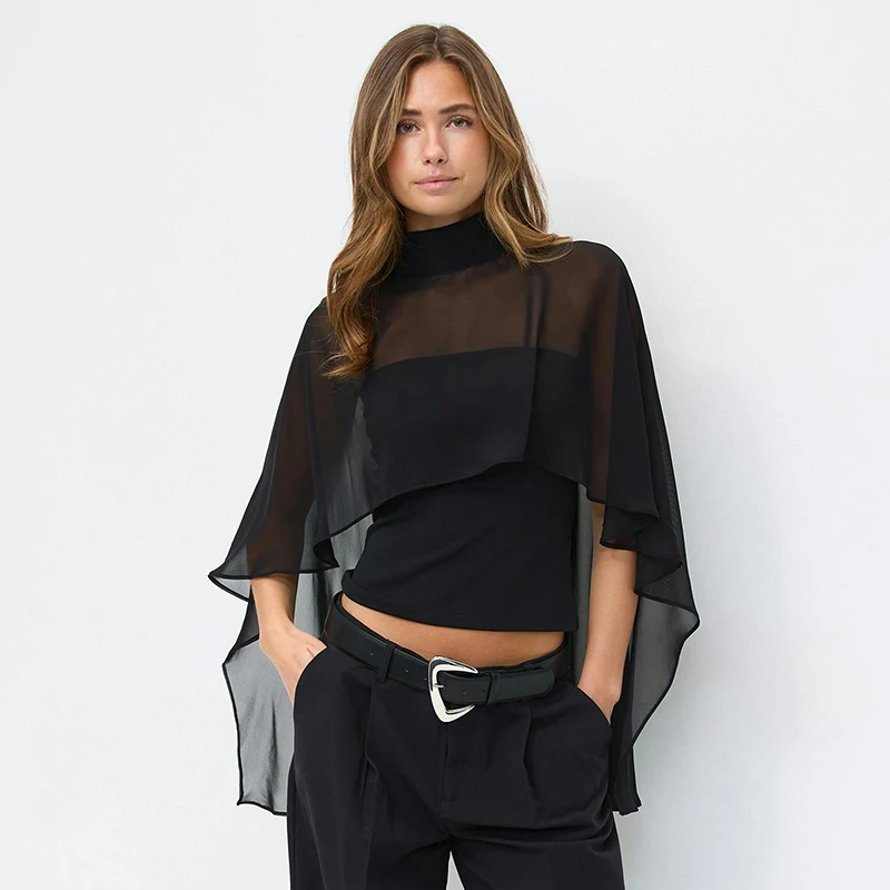 Fashionable solid color back slit shawl strapless waist cinched top chiffon shirt