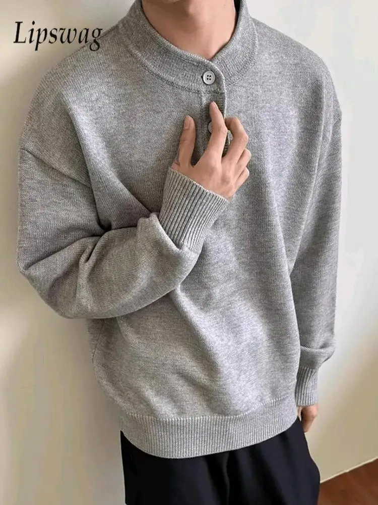 Casual Henley Collar Knitted Sweater Mens Autumn Vintage Buttoned O Neck Knit Jumper Tops For Men Fashion Solid Color Sweaters