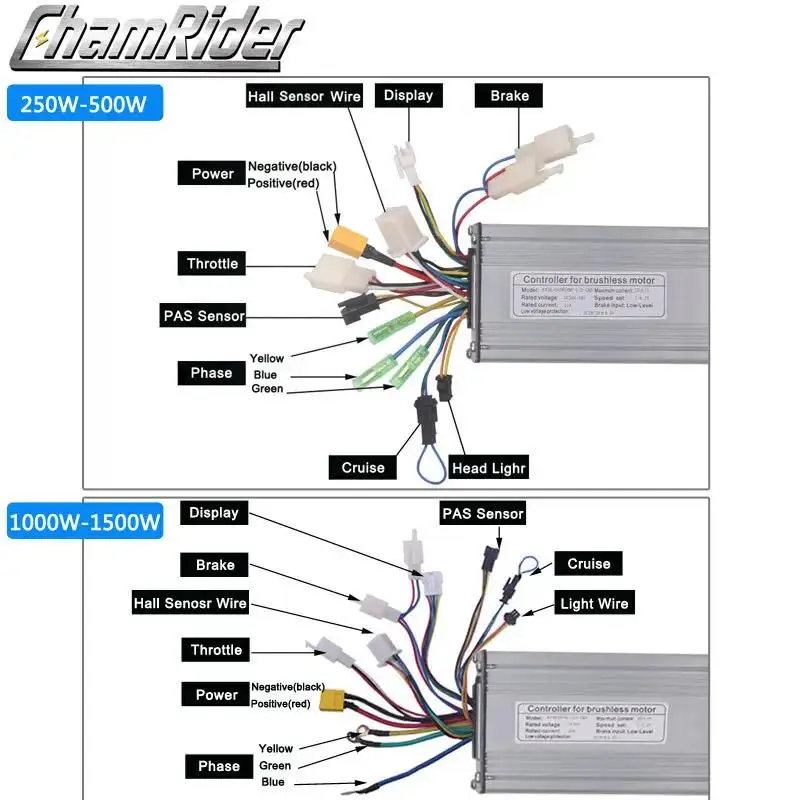 ChamRider,Sinewave-Electric Bike Sensorless Controller, KT Controller, Dual Mode, 36V, 48V, 250W, 350W, 500W, 750W, 1000W, 1500W