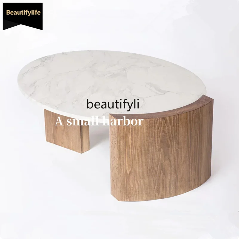 

c06 French-style Marble Coffee Table for Living Room, Small Apartment, Light Luxury, Round, Vintage, Solid Wood, Minimalist