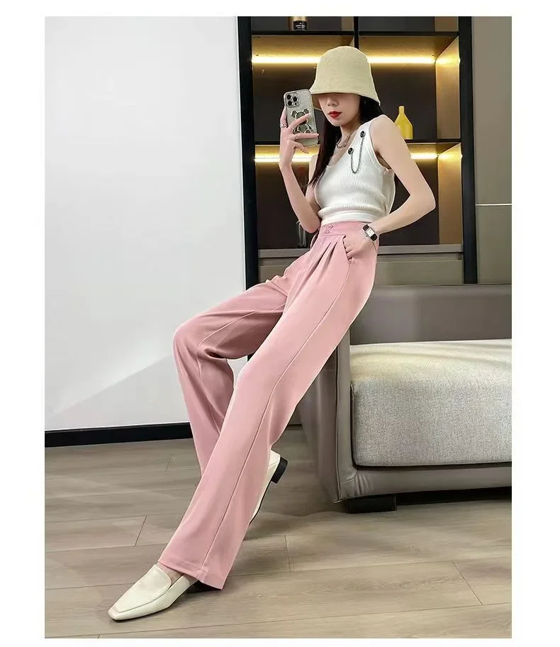 White Suits Pants Women 2023 New Wide Leg High Waisted Korean Fashion Straight Pants Whit Belt Elegant Casual Pants