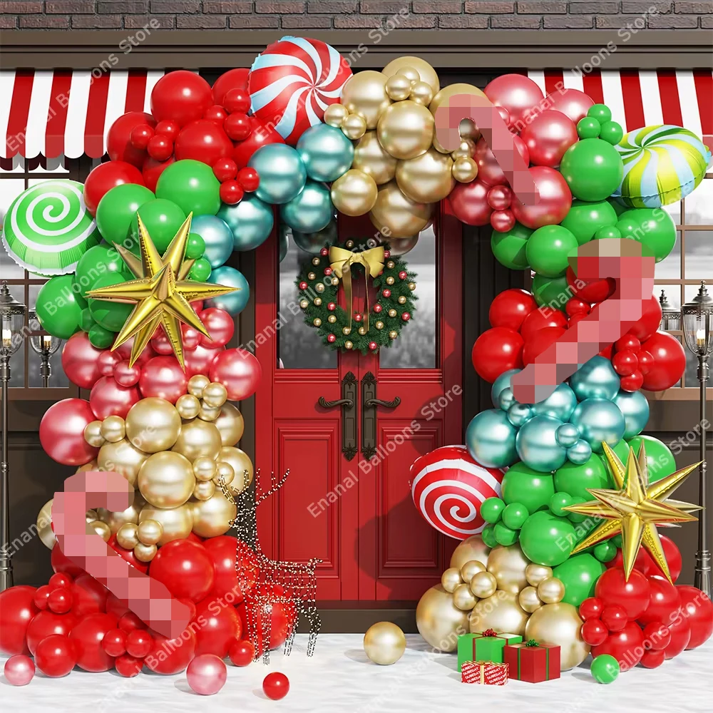 Christmas Balloon Arch Green Gold Red Candy Cane Balloon Garland Cone Explosion Star Foil Balloon New Year Christmas Party Decor