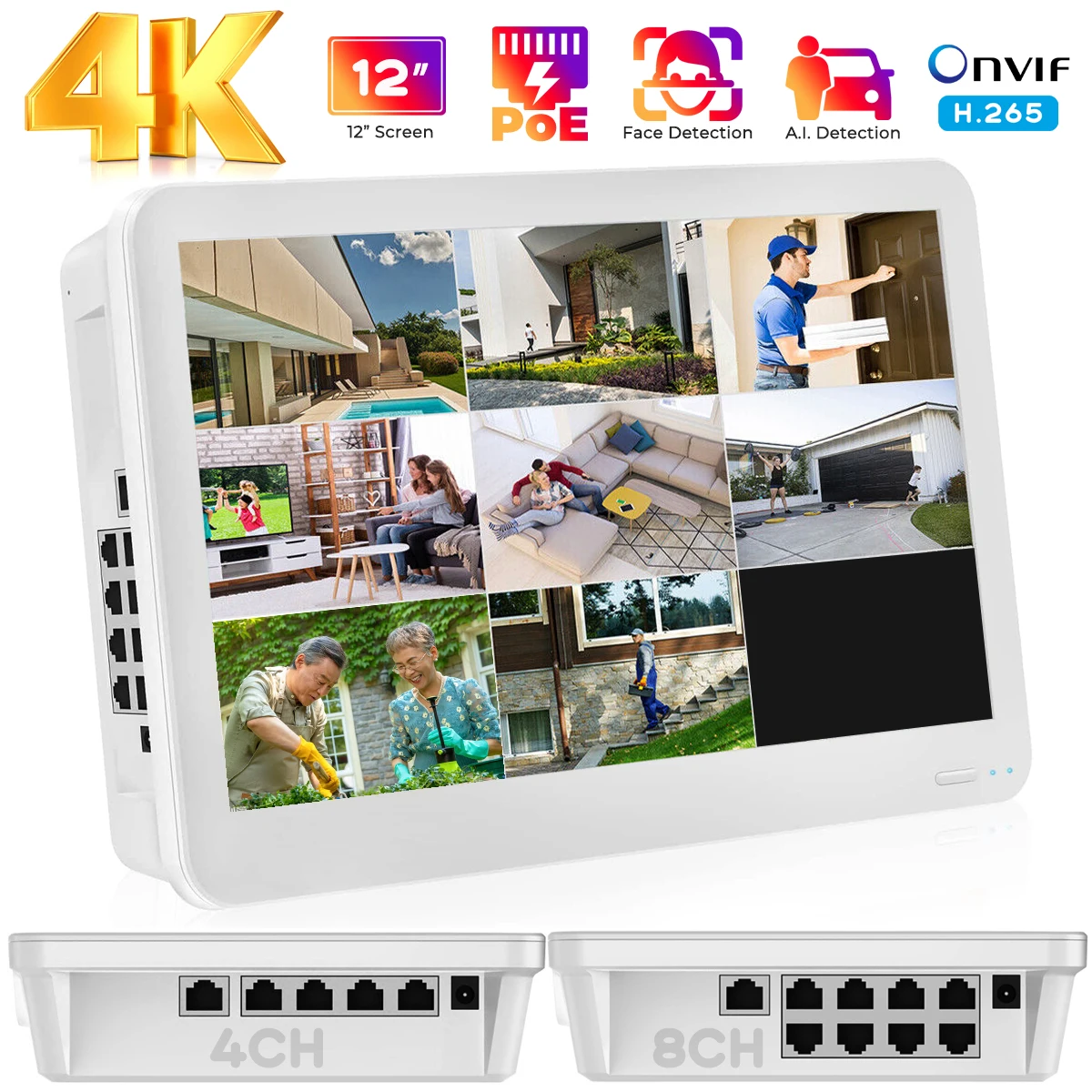 

8MP 4K PoE NVR With 12 Inch Screen 4CH 8CH Video Recorder for Home Security CCTV System H.265 Onvif Face Detection DVR XMEye APP