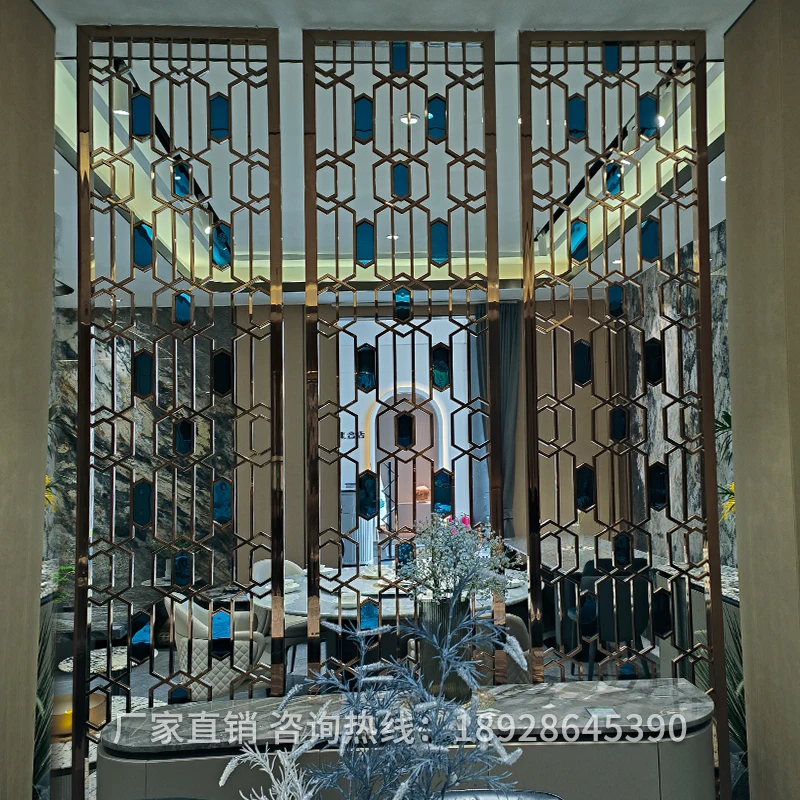 New Chinese custom stainless steel grille glass metal grid partition relief hotel villa hollow decorative screen