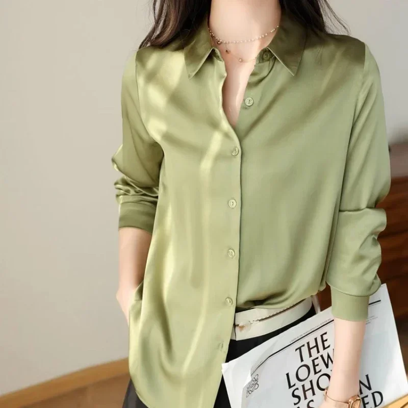 Satin Women\'s Shirt Blouses for Women Fashion 2024 Korean Style Womens Tops Office White Shirt Women OL Loose Elegant Clothing