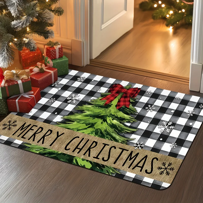 VIKAMA Buffalo Plaid Christmas Tree Welcome Doormat Snowflake Non‑Slip Entrance Floor Rug for Indoor Xmas Holiday Home Decor